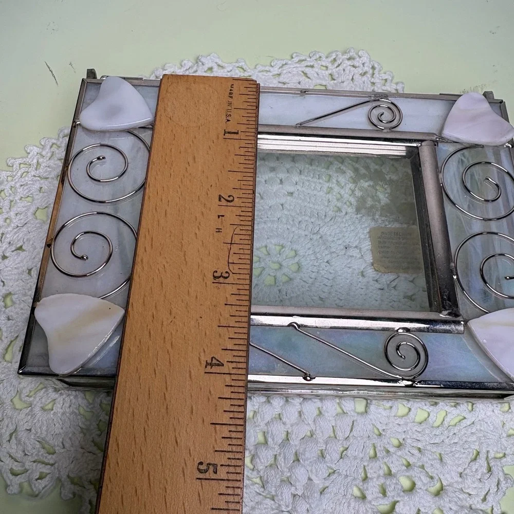 Vintage White Rectangular Jewelry Box Iridescent Hearts Stained Glass